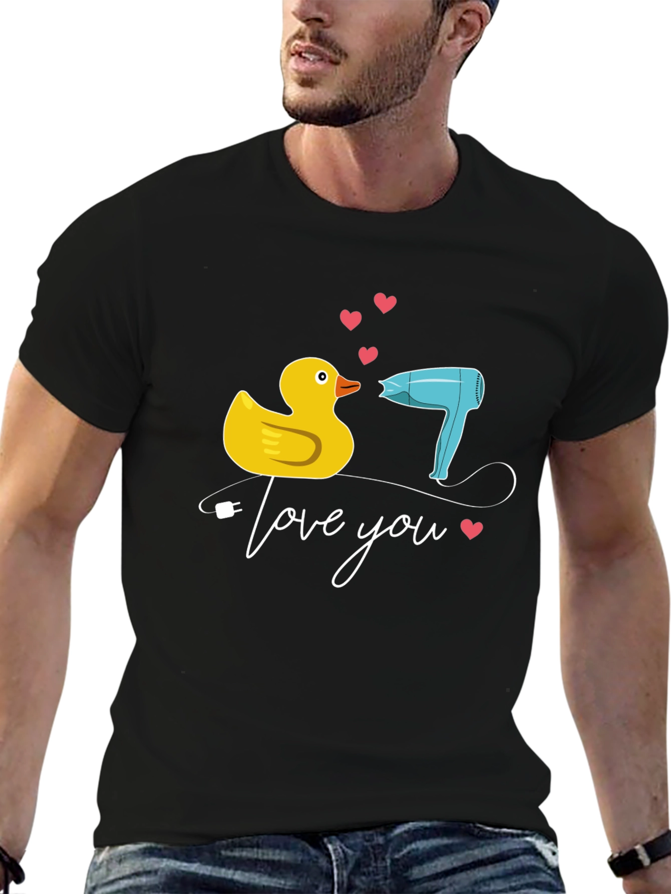 Black Duck & Hair Dryer 'Love You' Black T-Shirt view 6