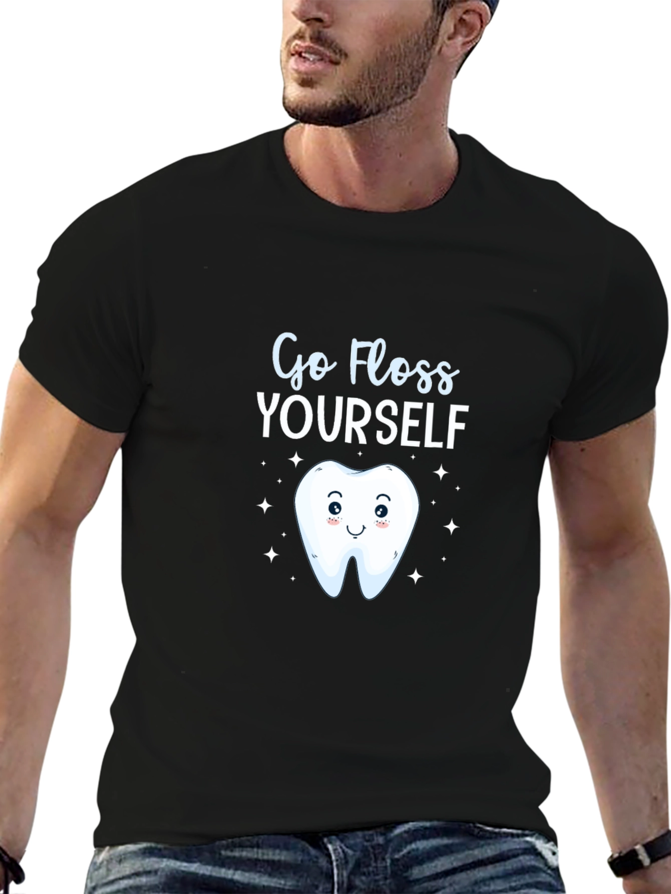 Black Go Floss Yourself Funny Tooth T-Shirt view 6
