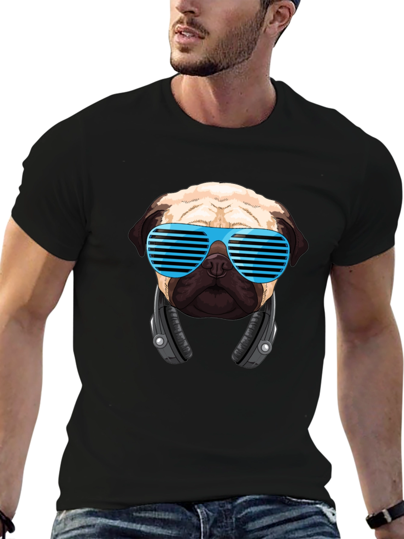 Black Cool Pug DJ Black T-Shirt view 6
