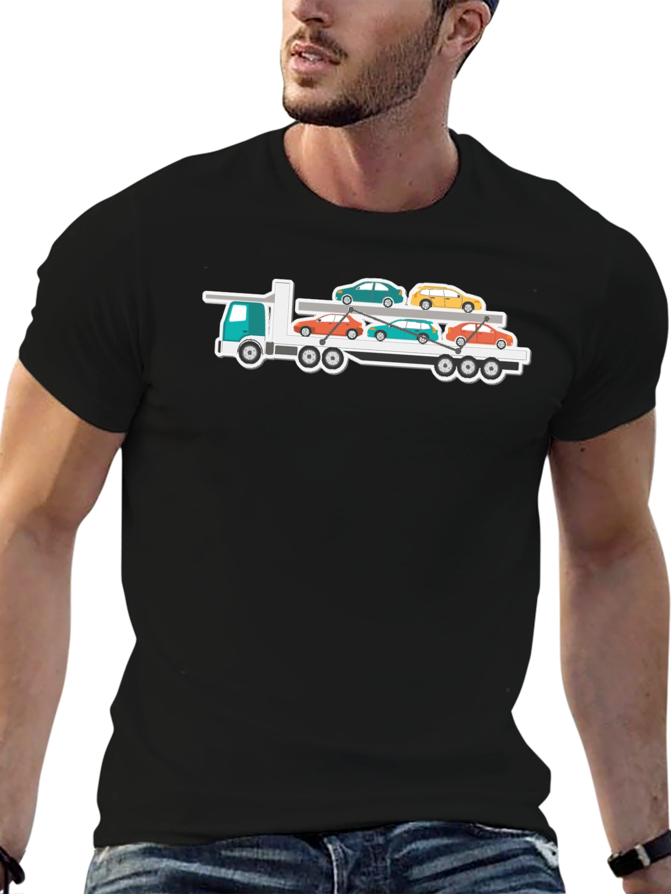 Black Car Carrier Truck T-Shirt - Automotive Enthusiast Tee view 6