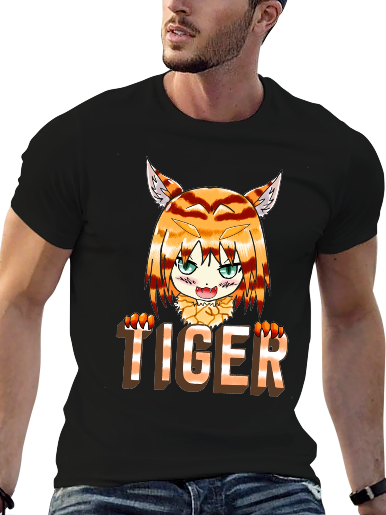 Black Anime Tiger Graphic Tee - Fun Casual Wear view 6