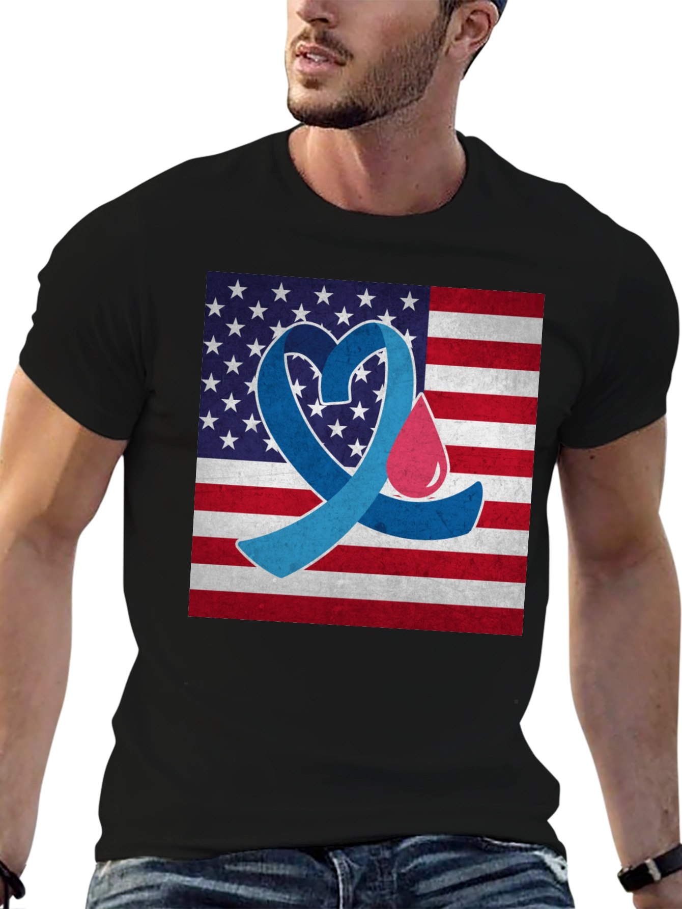 Black Diabetes Awareness USA Flag Heart T-Shirt view 6