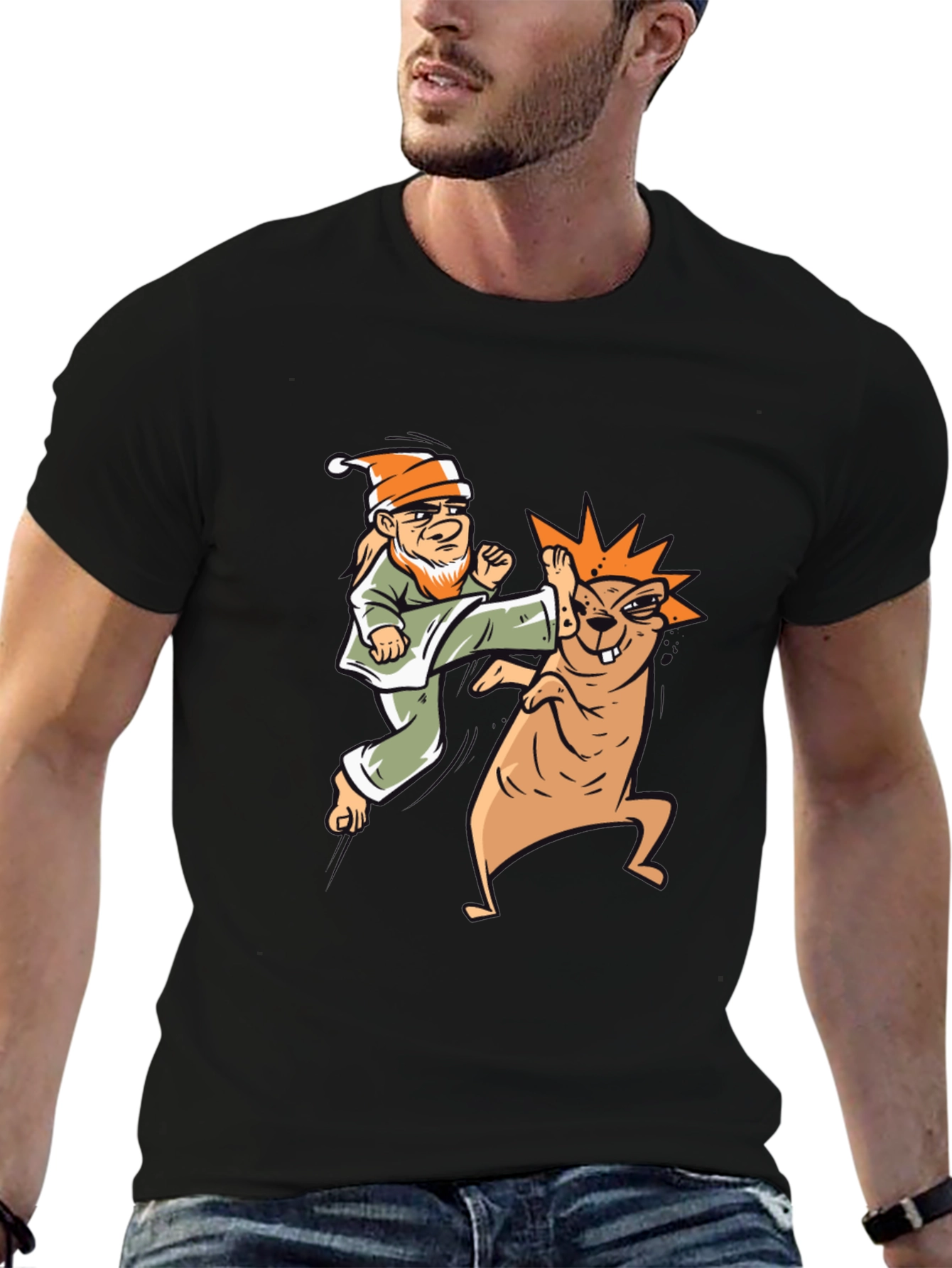 Black Funny Karate Gnome vs. Beaver Graphic T-Shirt view 6