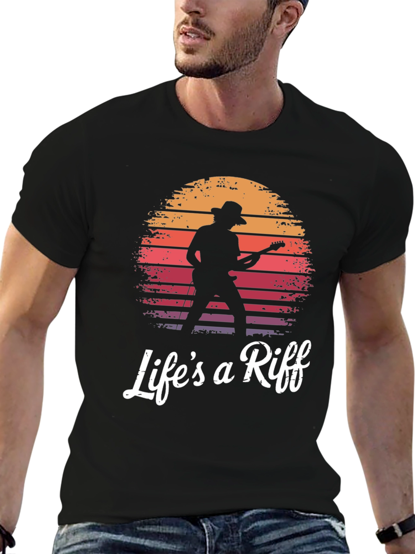Black Life's a Riff Guitarist Sunset Graphic T-Shirt view 6