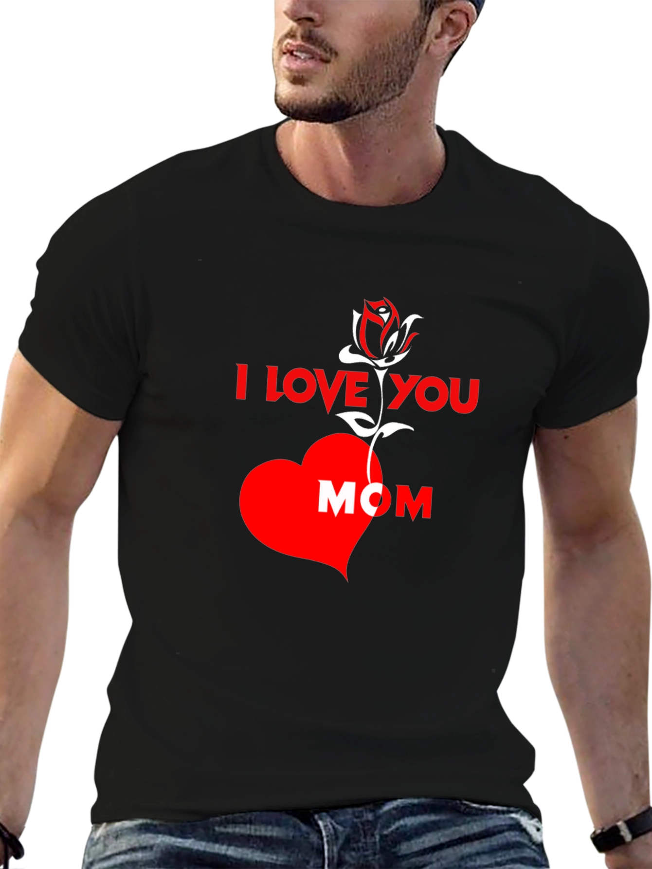 Black I Love You Mom T-Shirt - Rose Heart Design view 6