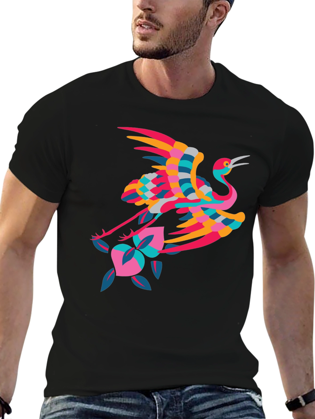 Stylish Crane Graphic Black T-Shirt - 6