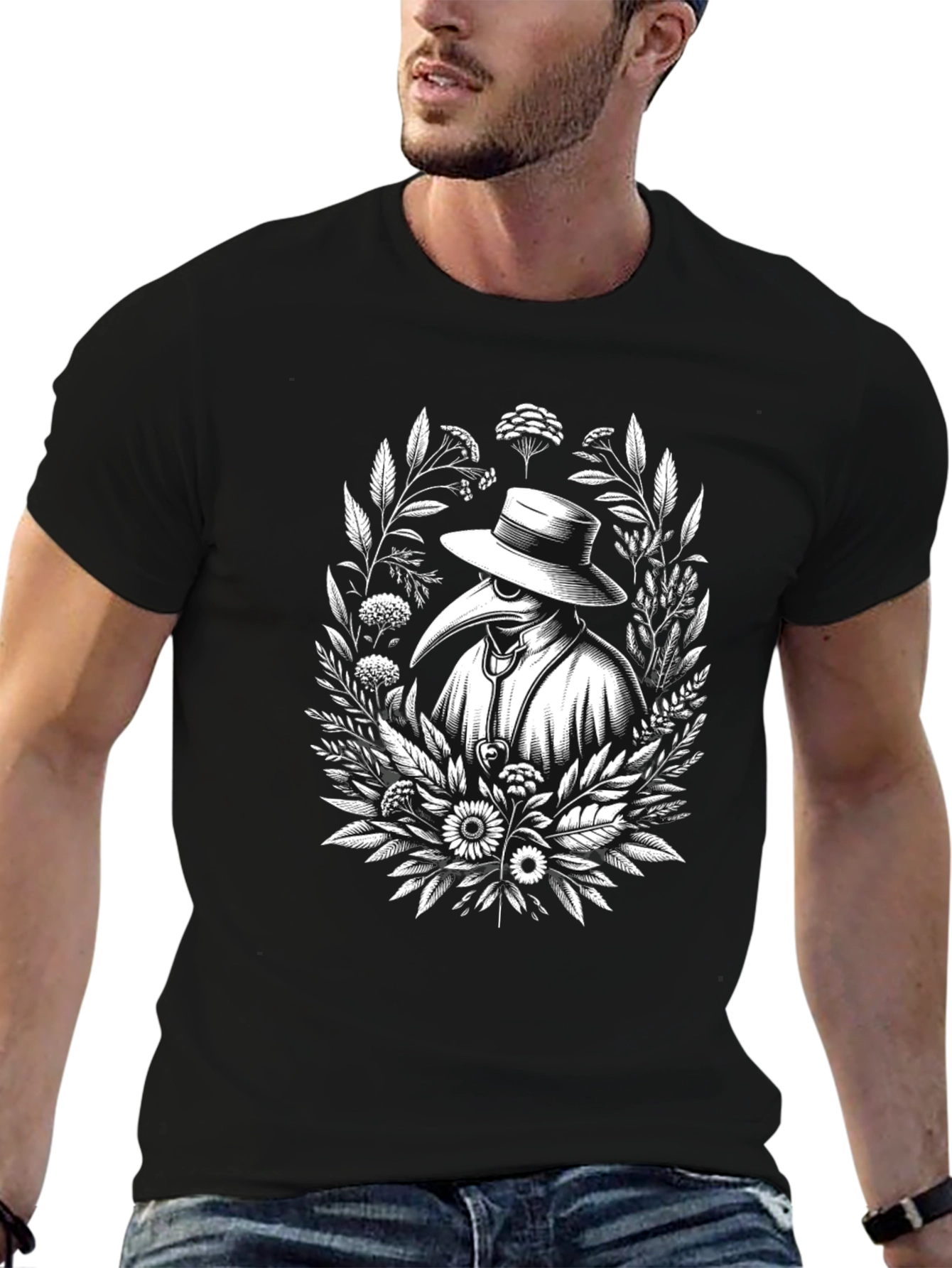 Black Plague Doctor Floral Black T-Shirt view 6