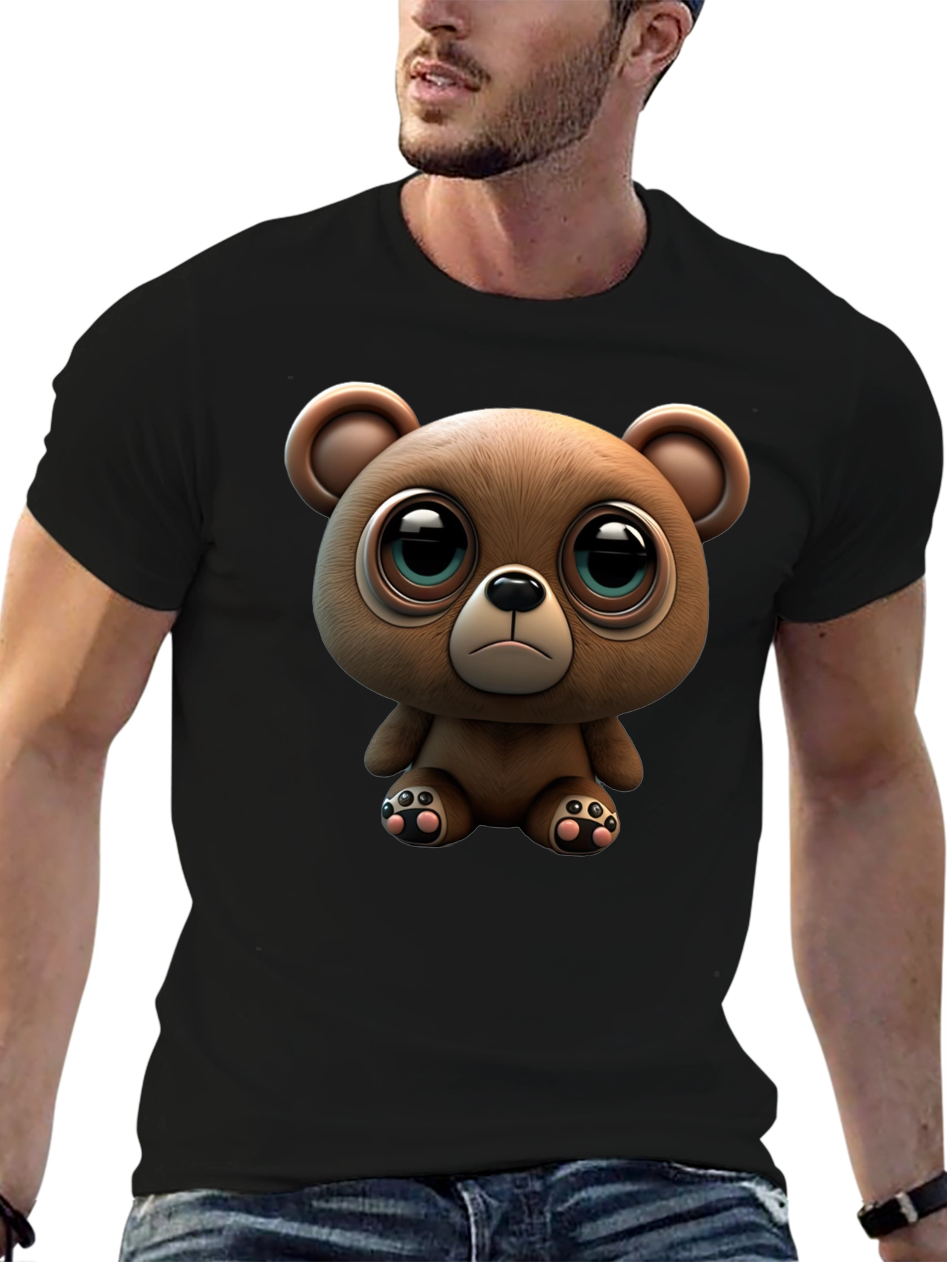 Black Cute Teddy Bear Graphic Black T-Shirt view 6