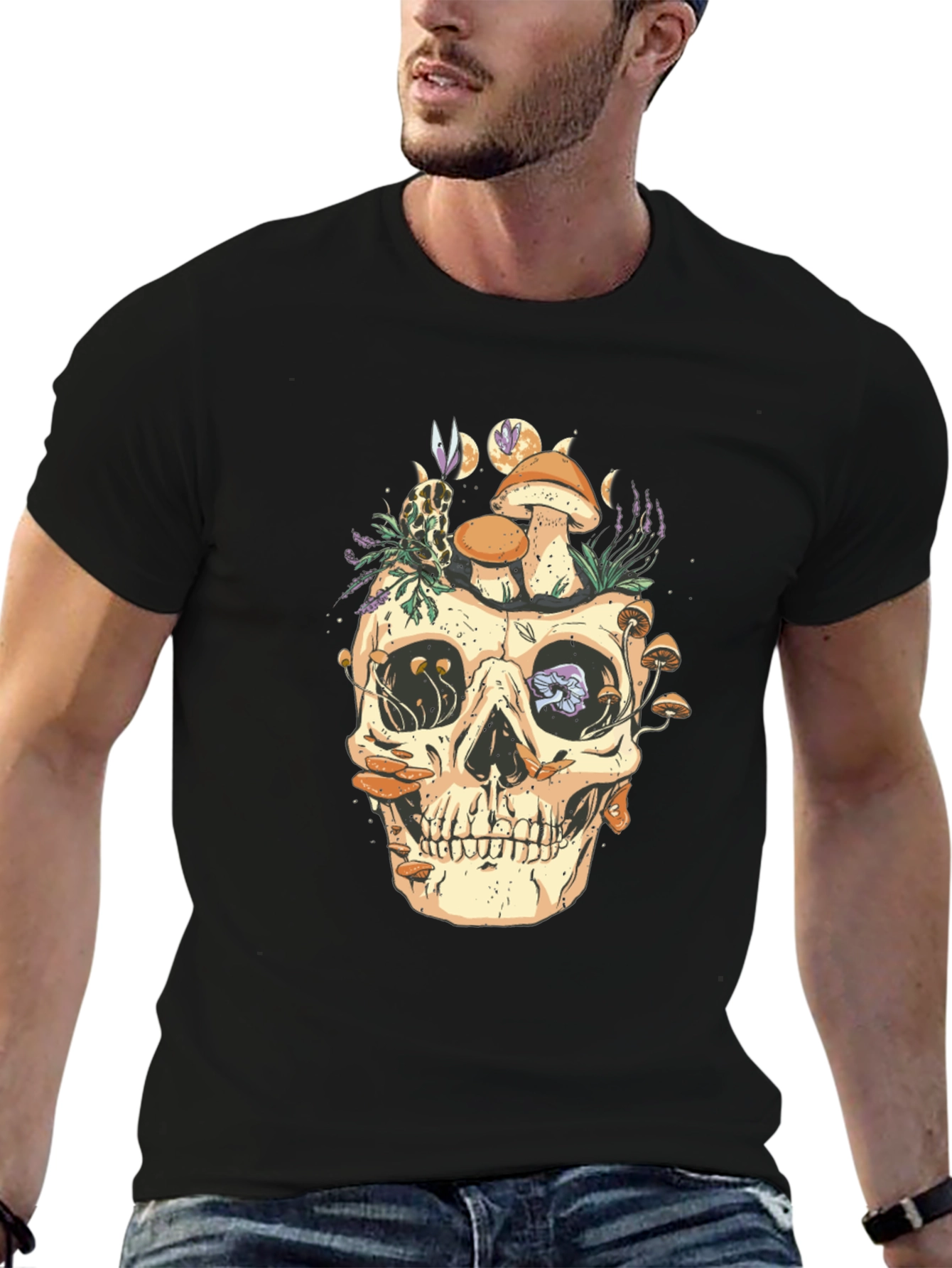 Black Skull & Mushroom Graphic Tee - Unique Design view 6