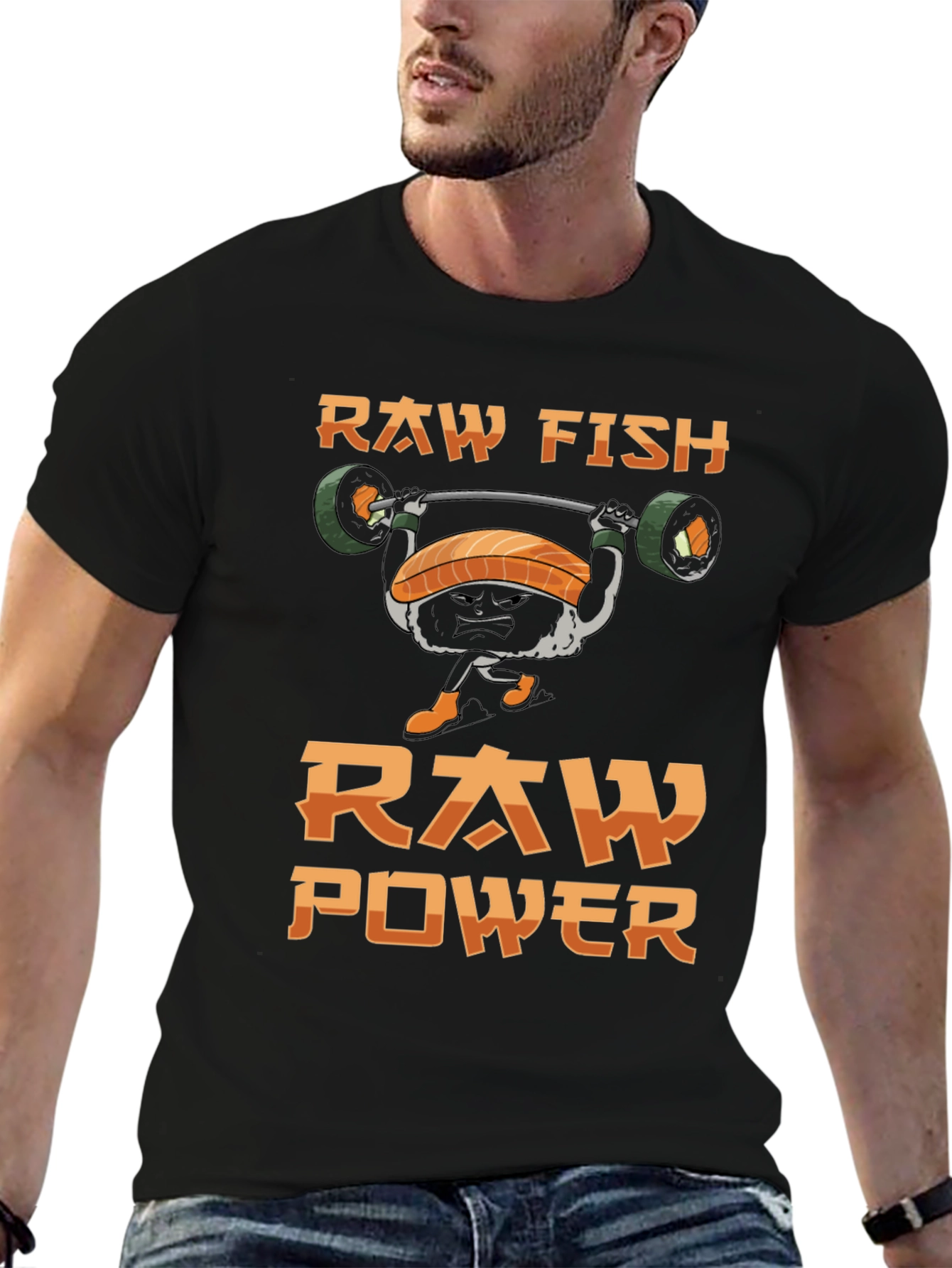 Black Raw Fish Raw Power T-Shirt - Weightlifting Sushi Tee view 6