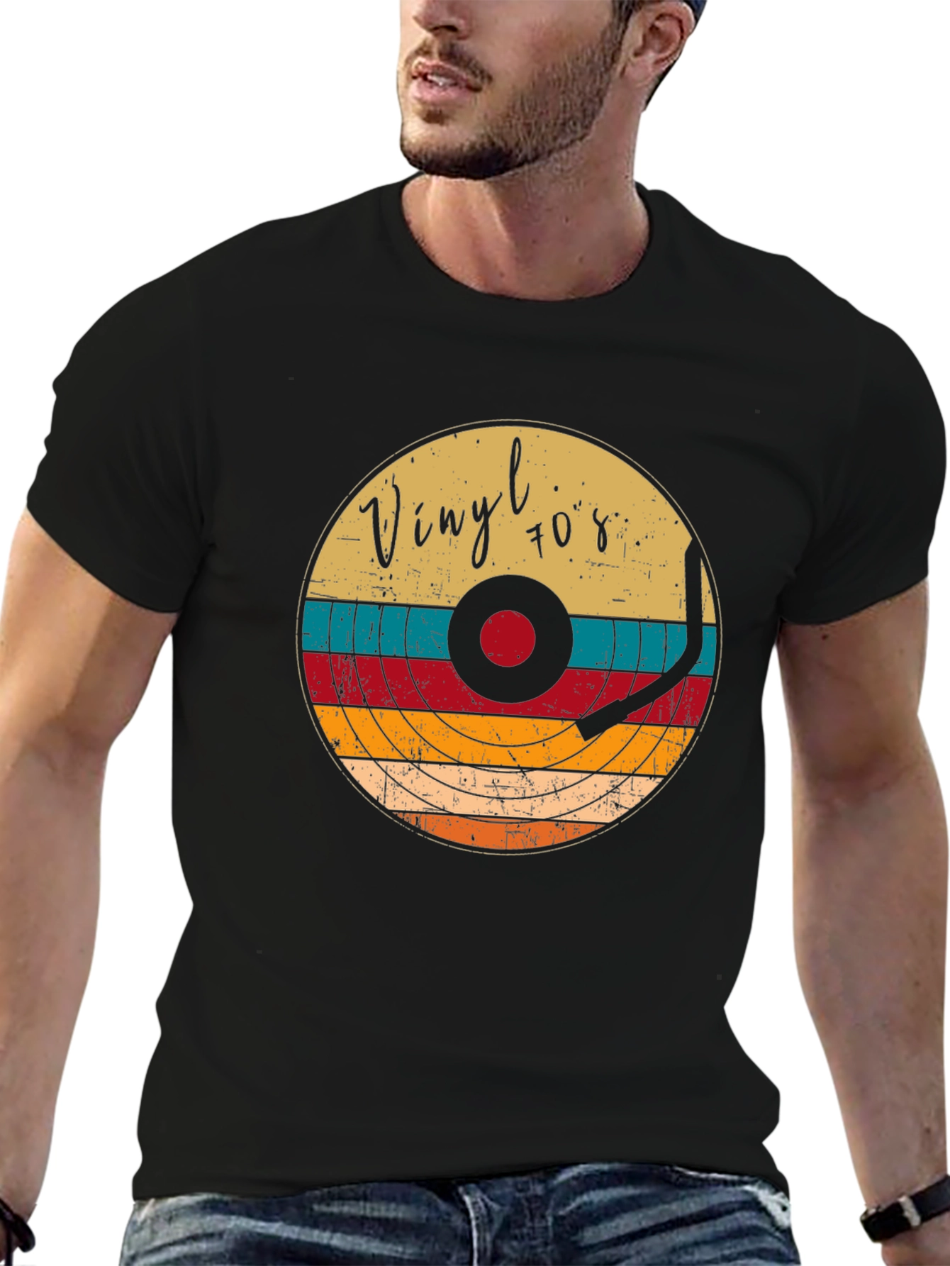 Black Retro Vinyl Record 70s Style T-Shirt view 6