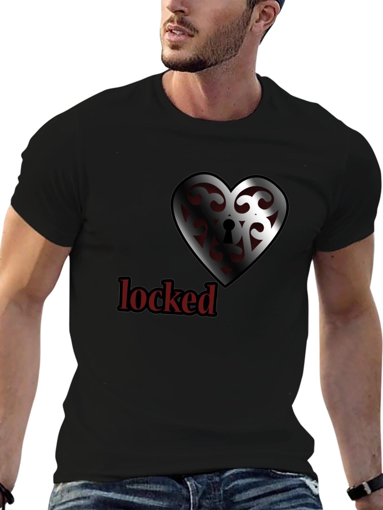 Black Locked Heart Graphic Tee - Stylish Crew Neck view 6