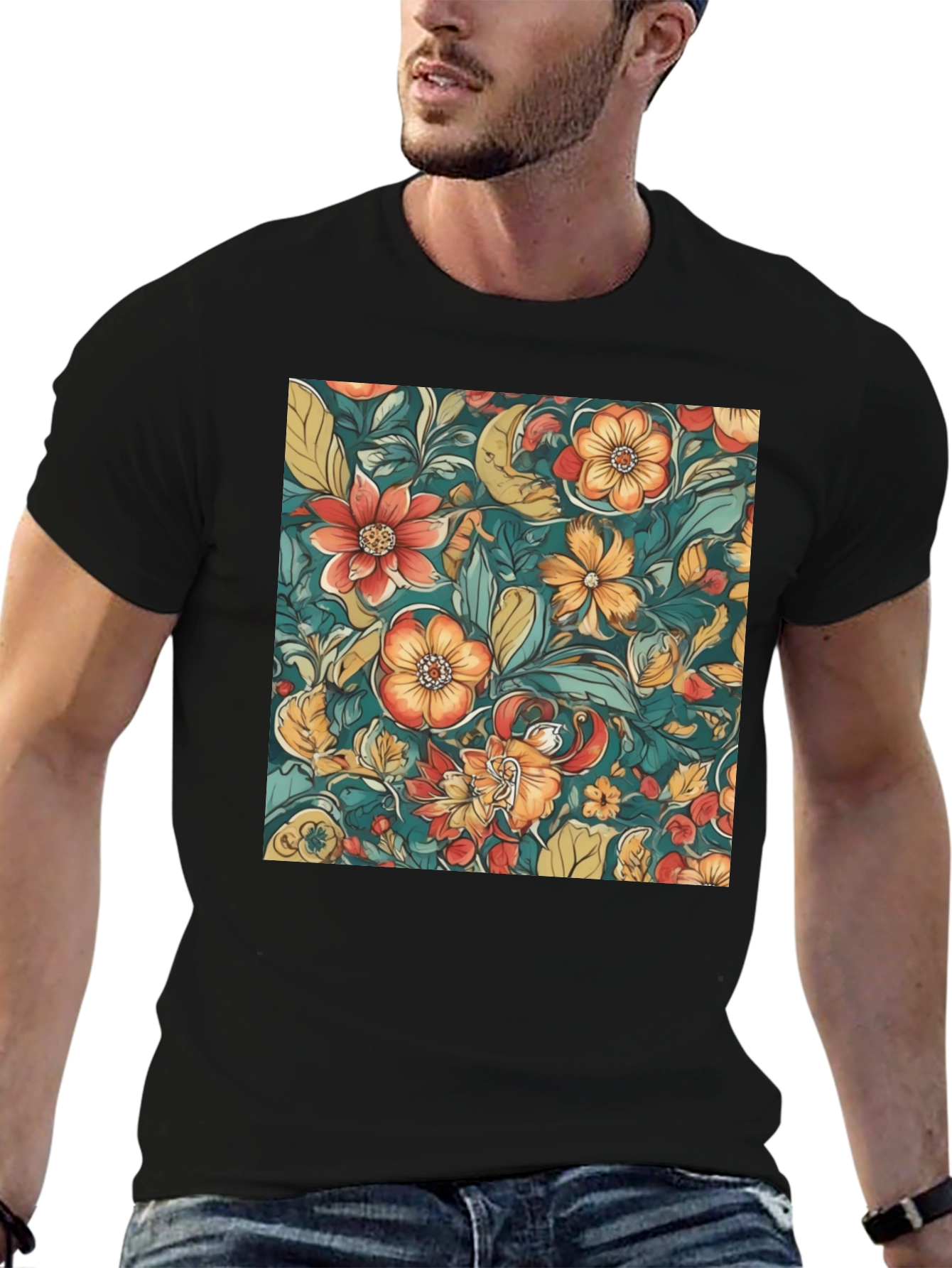 Black Floral Pattern Black T-Shirt view 6