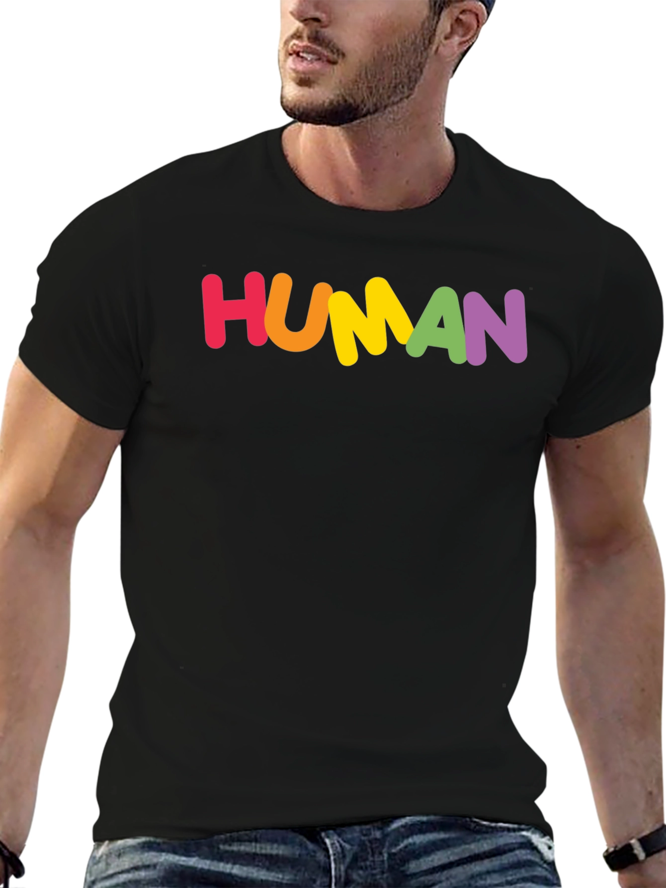 Black Rainbow HUMAN Graphic Tee - Black Cotton Blend Shirt view 6