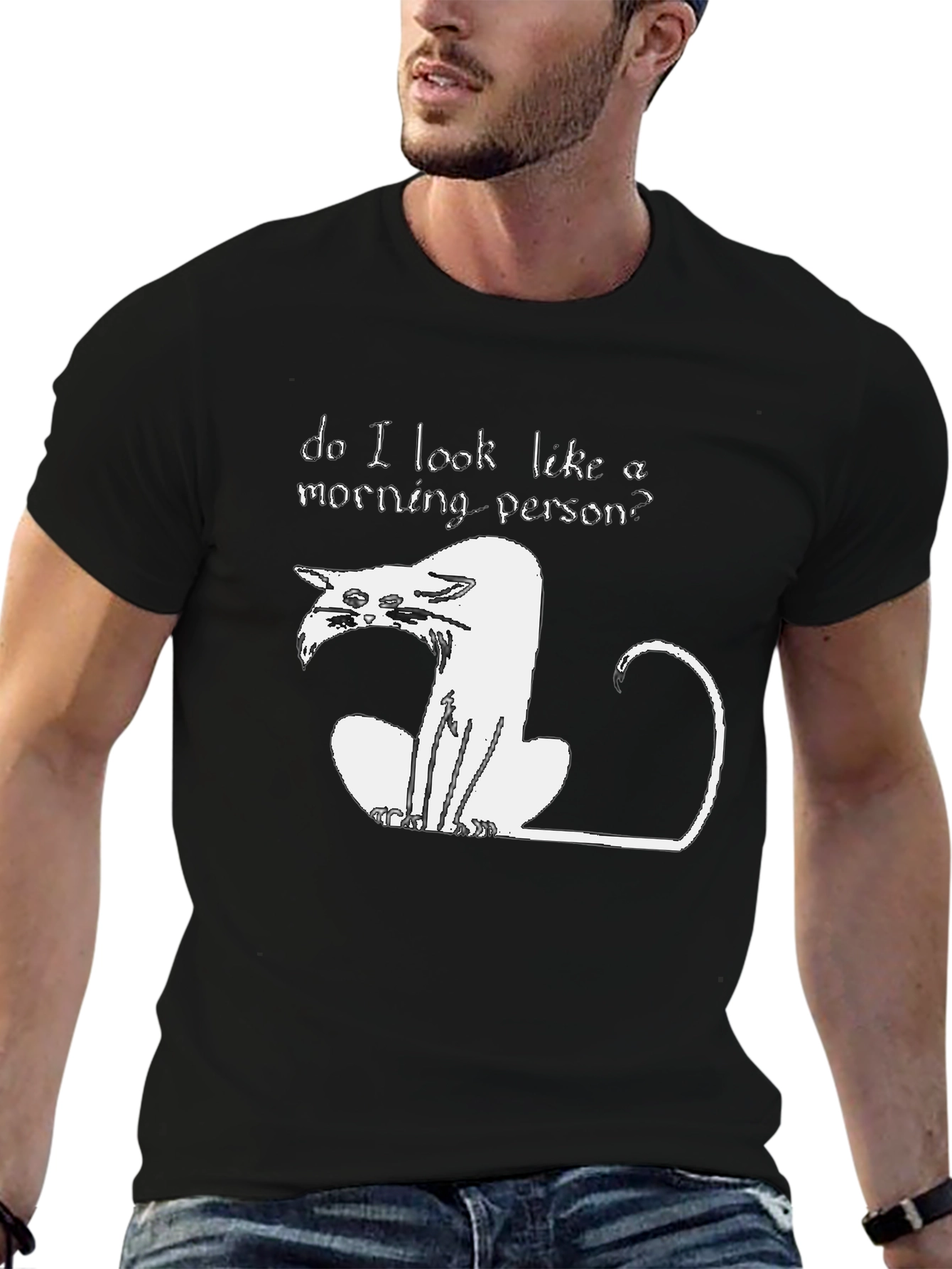 Black Funny "Not a Morning Person" Cat Graphic T-Shirt view 6