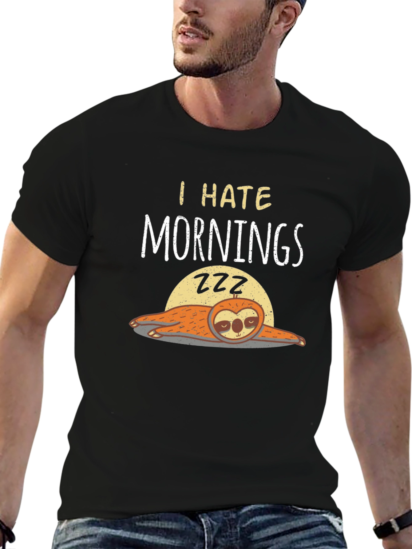 Black I Hate Mornings Sloth Graphic T-Shirt view 6