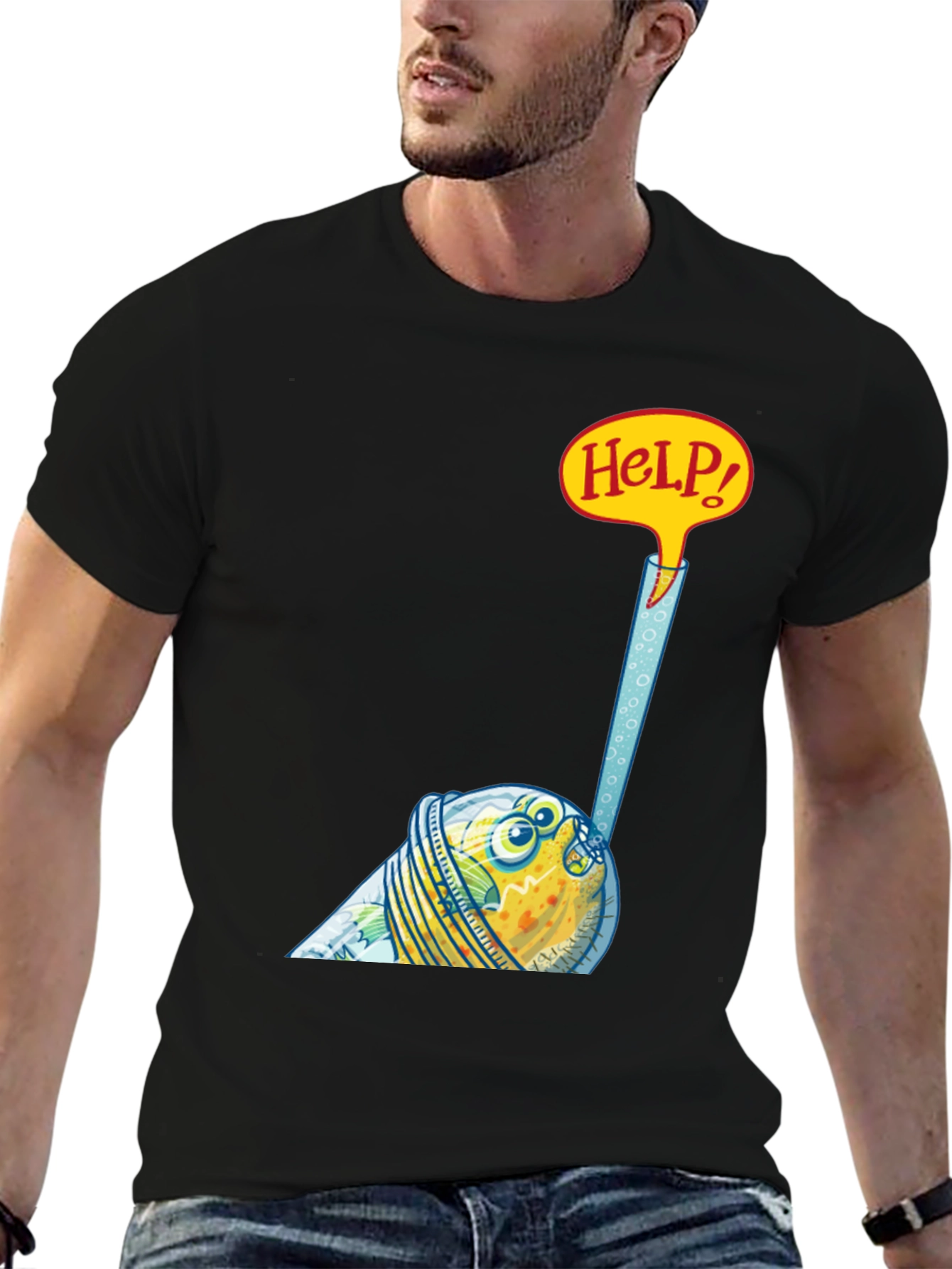 Black Funny Fish in a Glass T-Shirt - Help! view 6