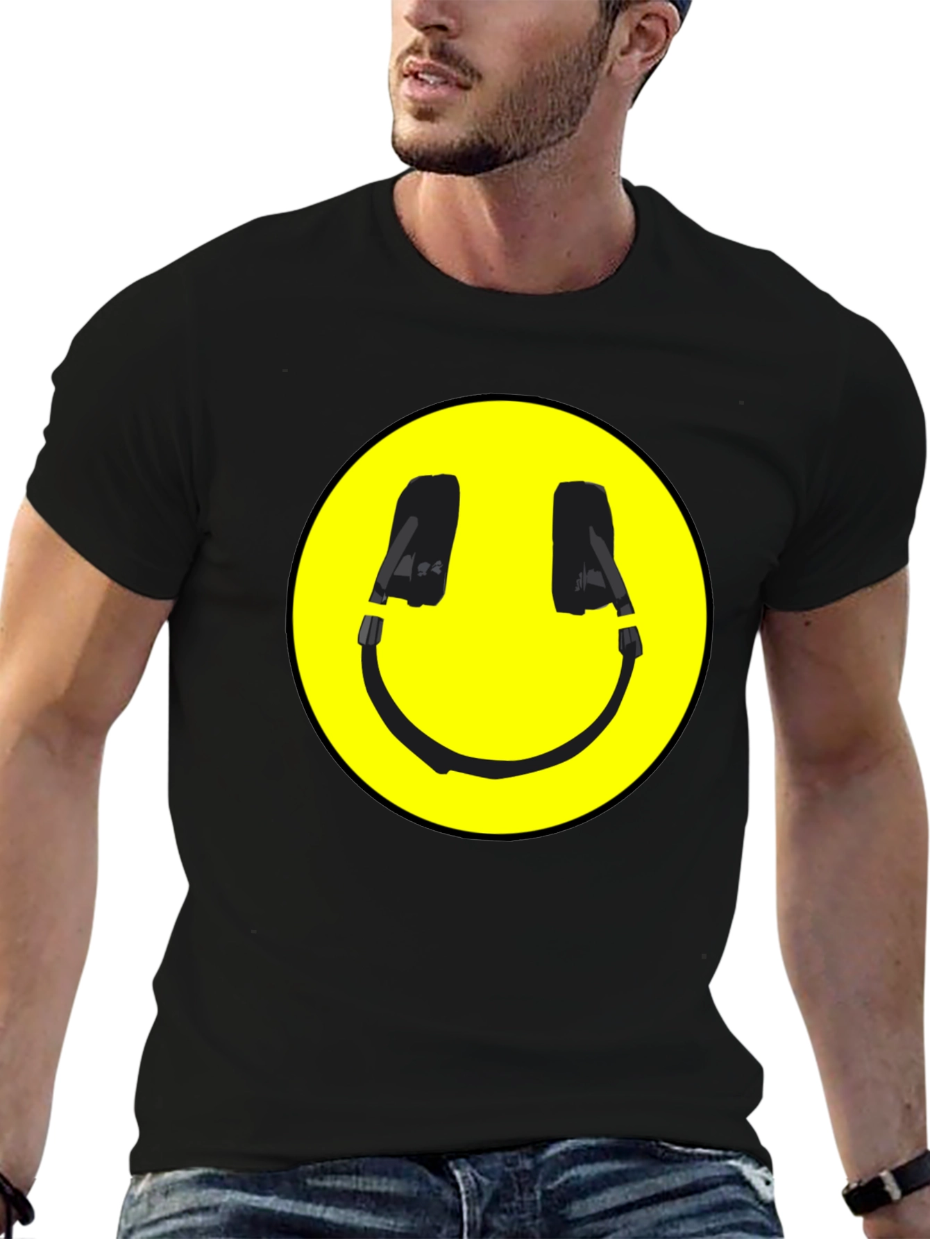 Black Smiley Face Headphone Graphic Black T-Shirt view 6