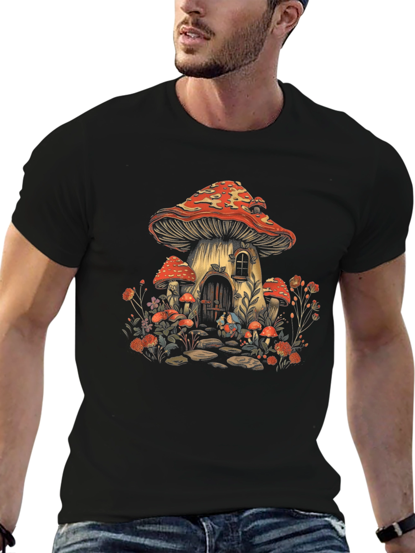 Black Whimsical Mushroom House Graphic Tee view 6