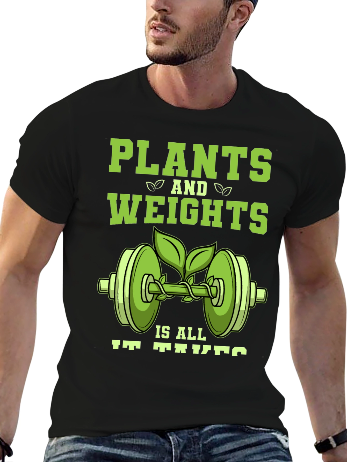 Black Plants and Weights T-Shirt - Vegan Fitness Apparel view 6