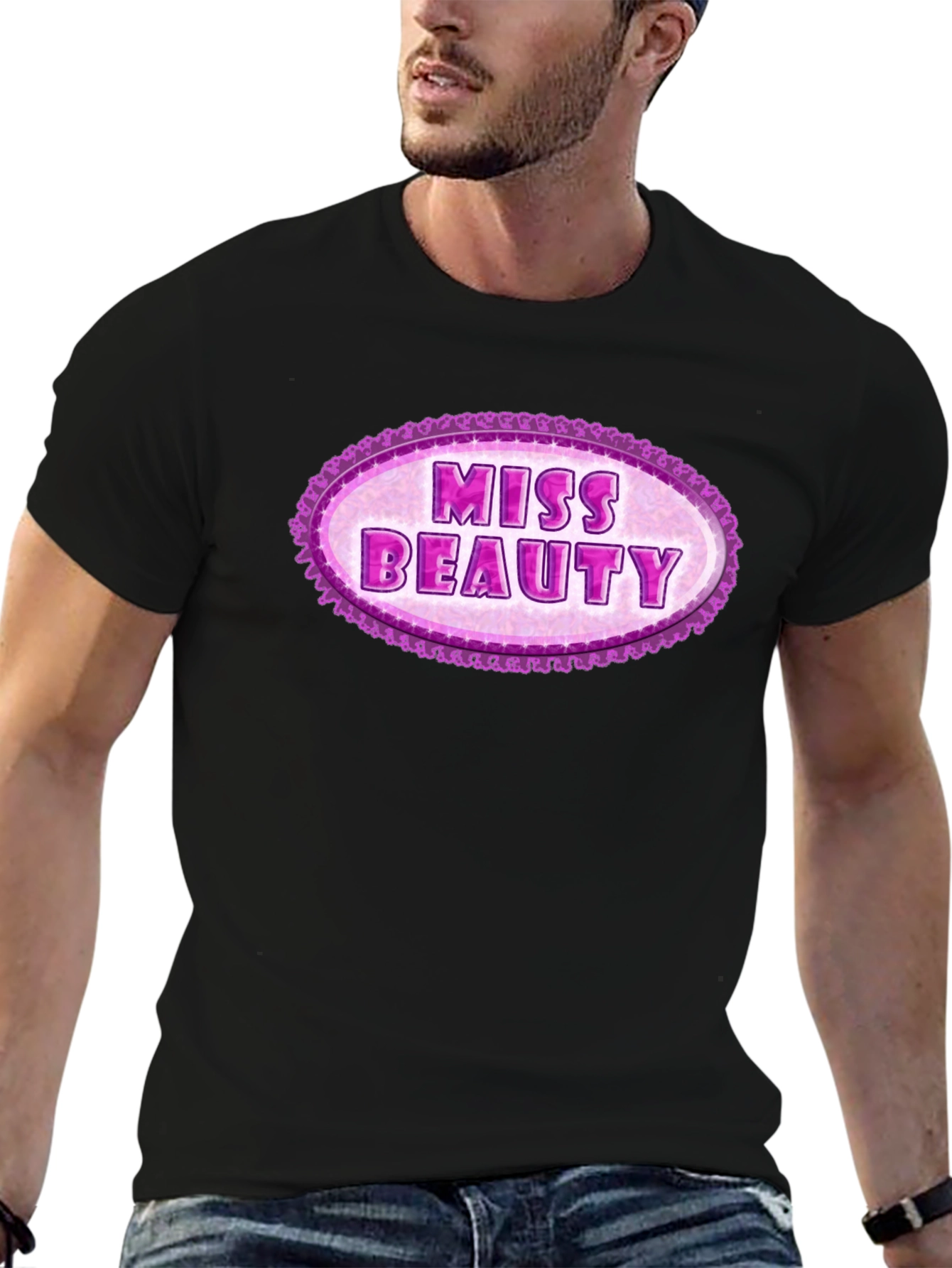 Black Miss Beauty Oval Graphic Tee - Black Cotton Blend view 6