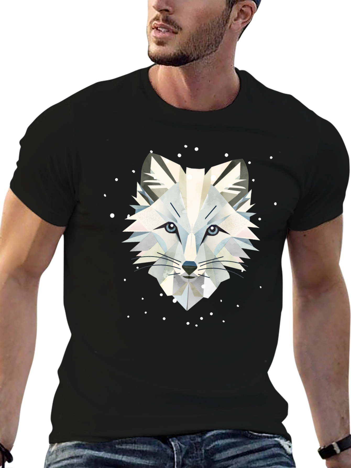 Black Geometric Arctic Fox Graphic Tee - Stylish Black T-Shirt view 6