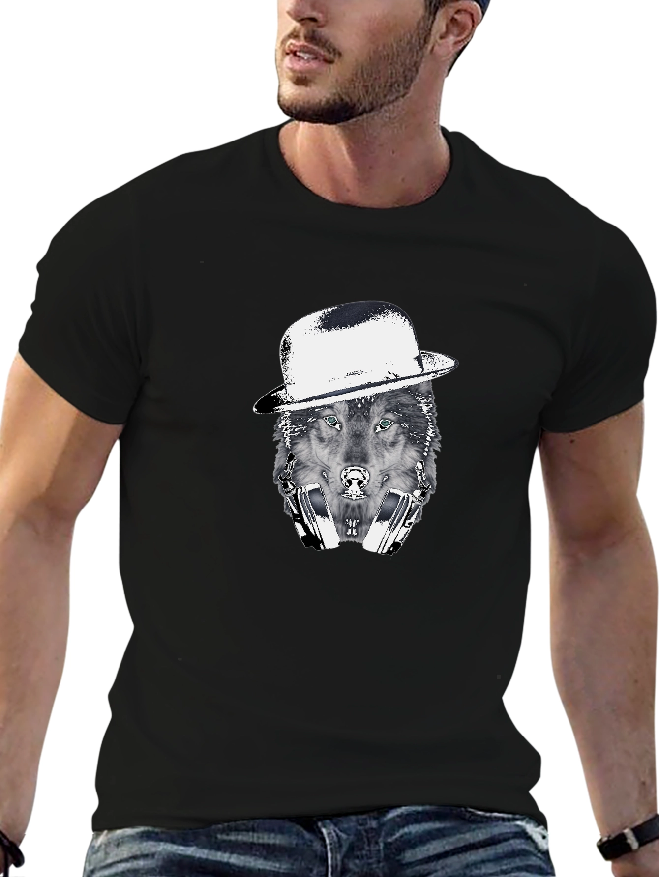 Black Wolf in Hat Graphic T-Shirt view 6