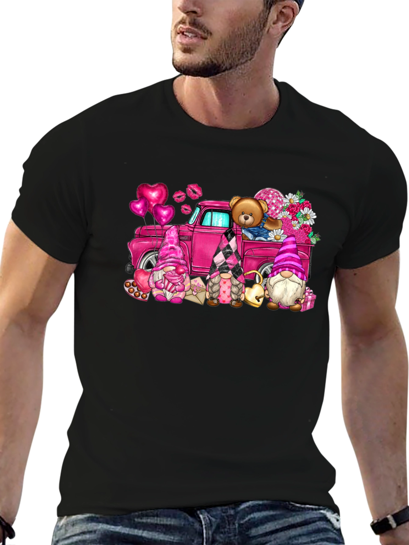 Black Valentine's Day Gnomes Truck T-Shirt view 6