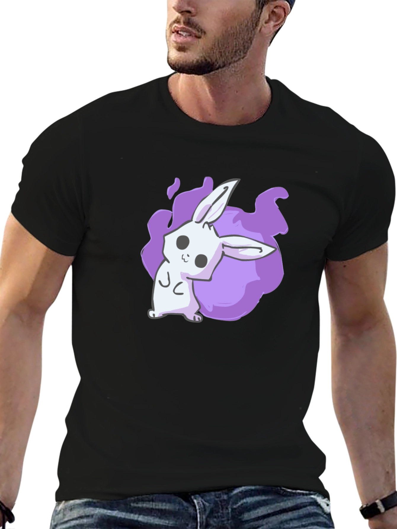 Black Cute Anime Bunny Graphic Black T-Shirt view 6