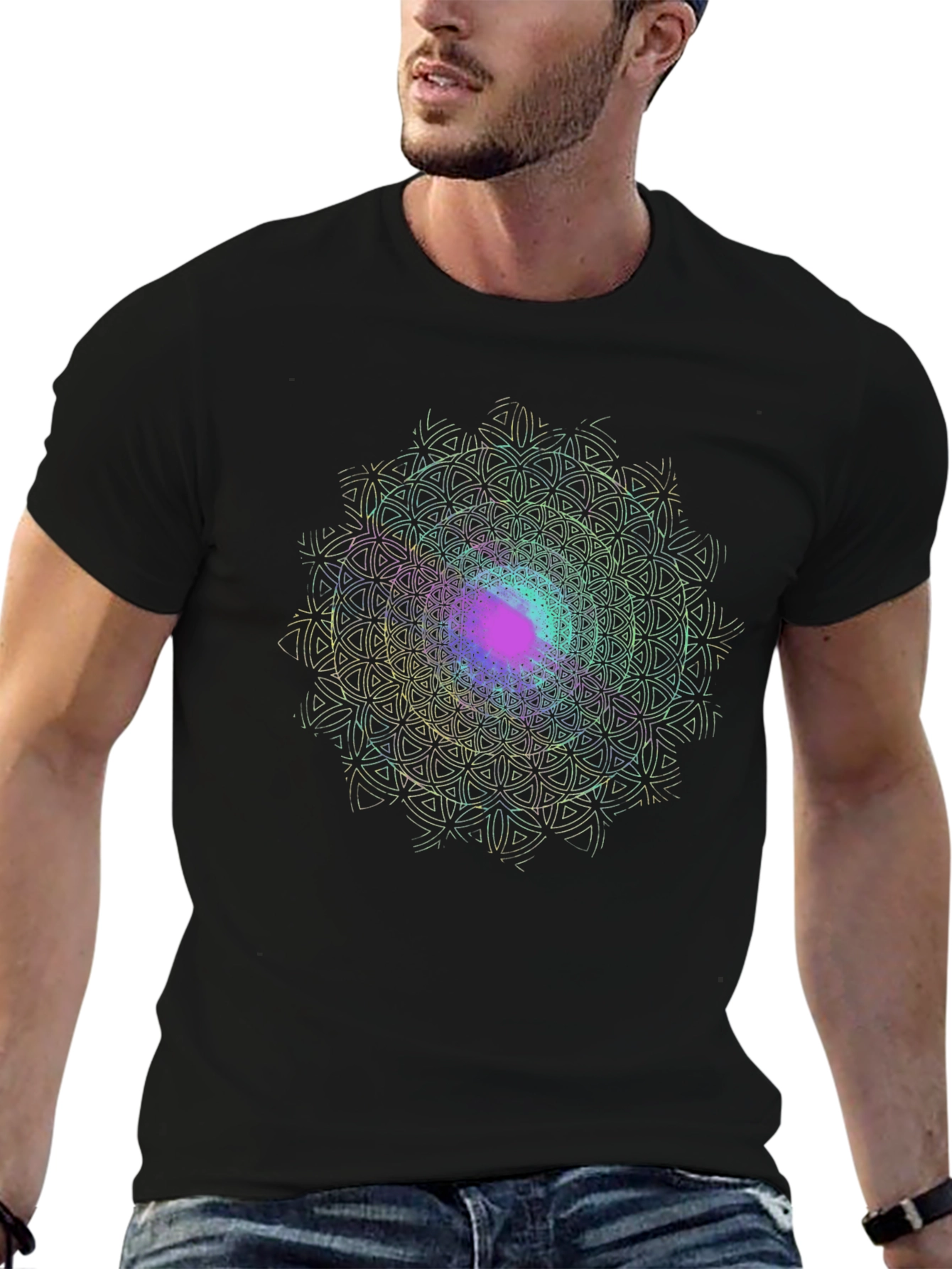 Black Geometric Mandala Black T-Shirt view 6