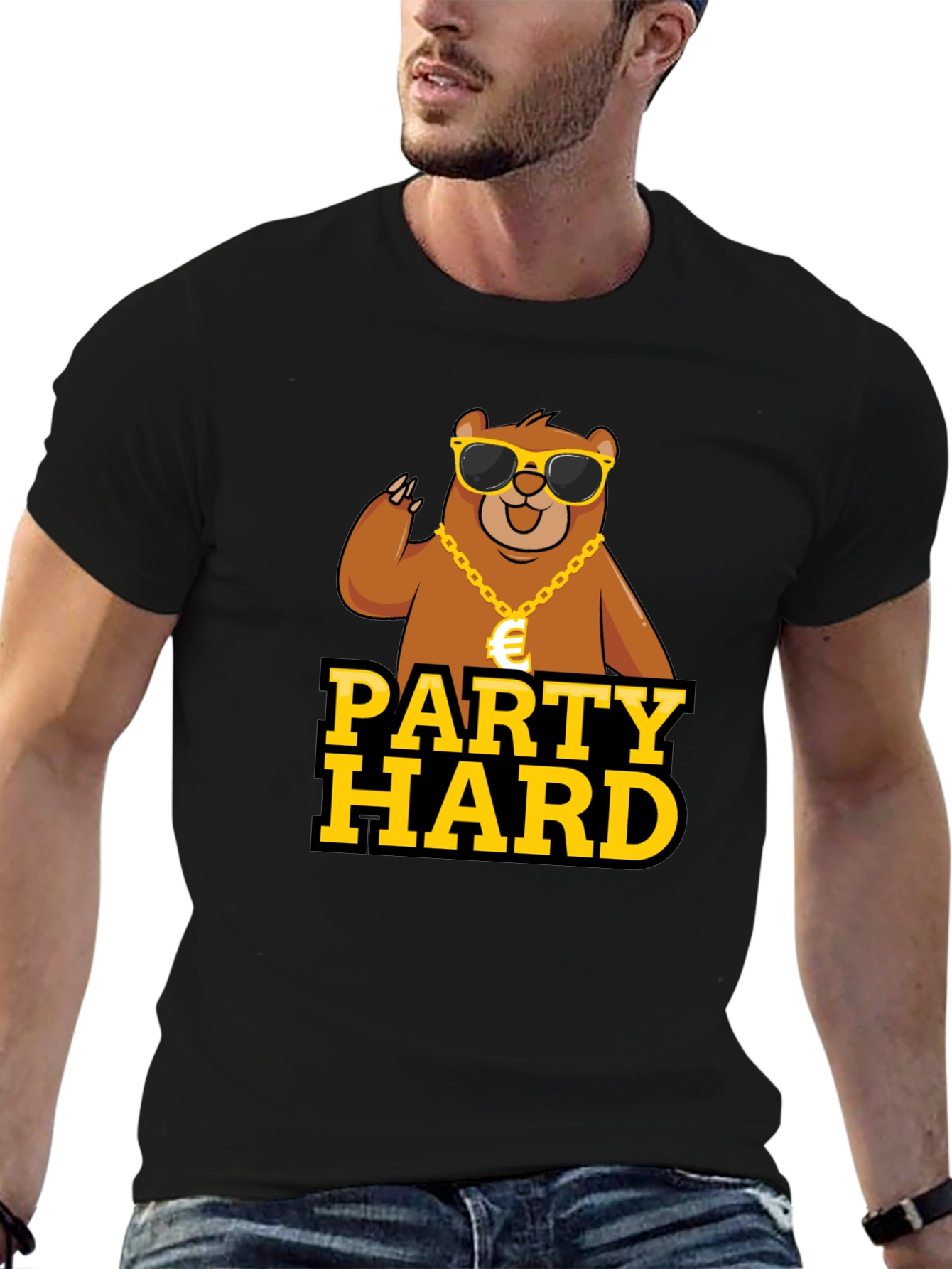 Black Party Hard Bear Graphic Tee - Black Cotton T-Shirt view 6