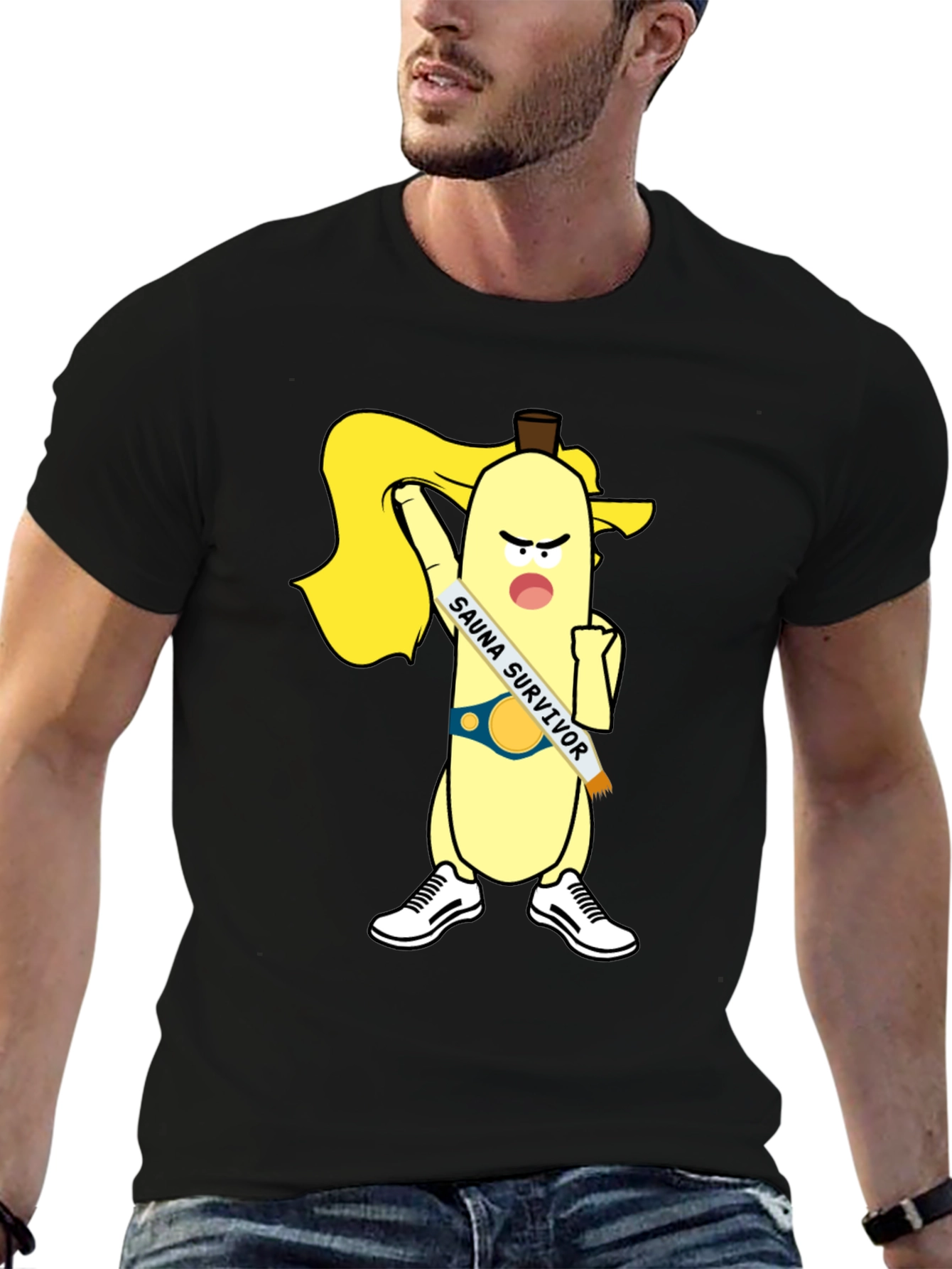 Black Sauna Survivor Banana Cartoon Tee view 6