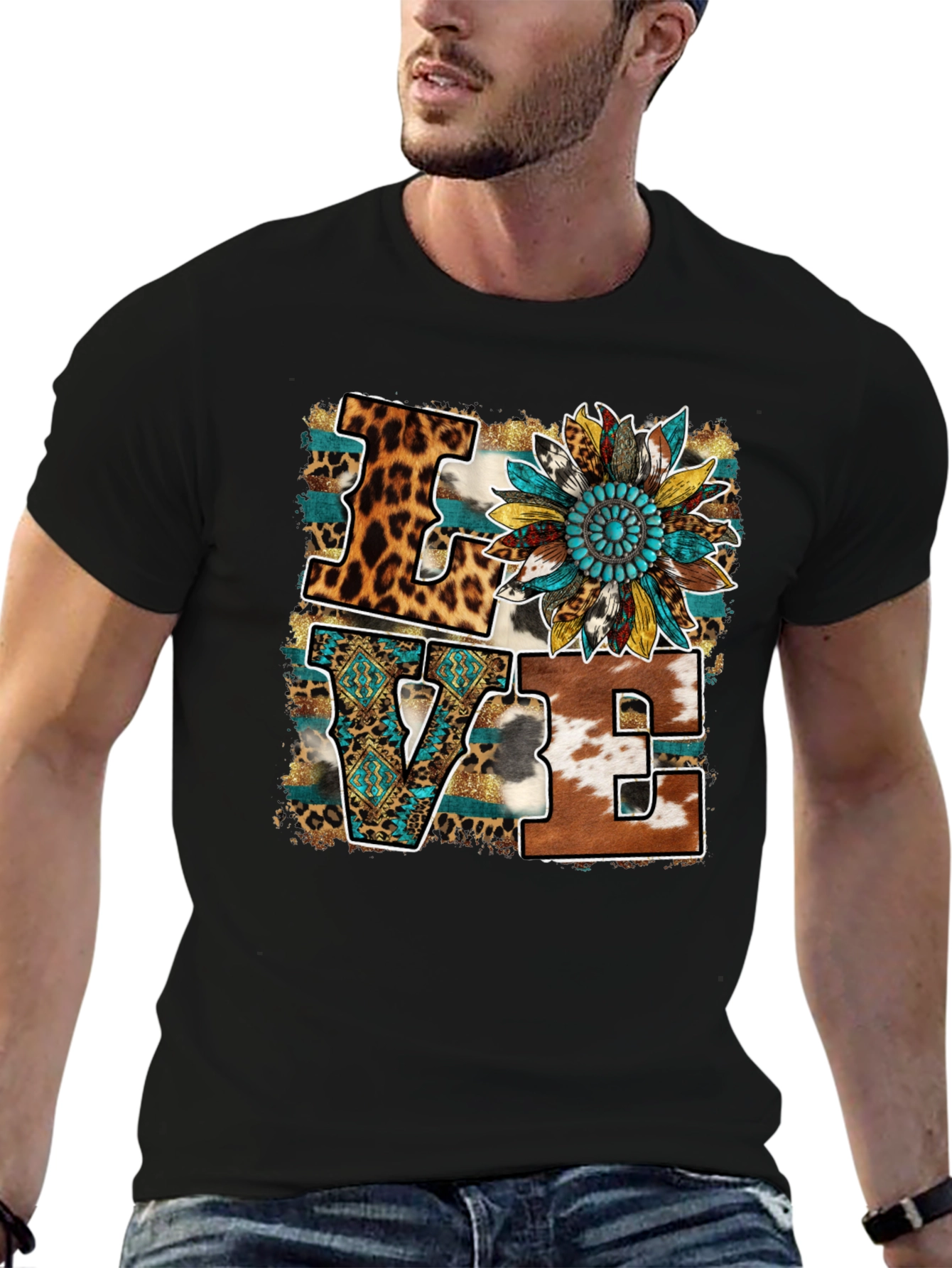 Black Western LOVE Graphic Tee - Leopard, Cowhide, Turquoise view 6