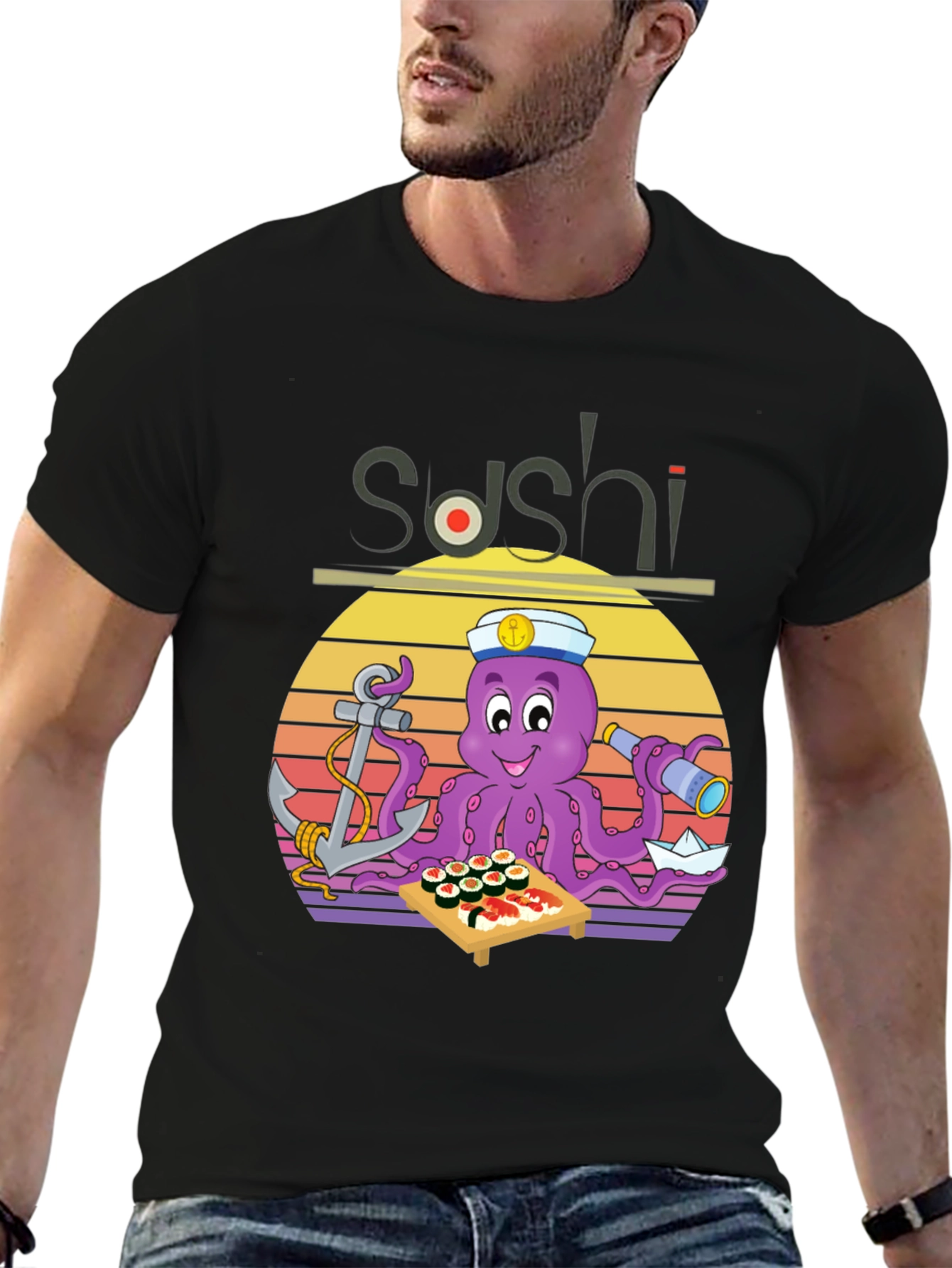 Black Sushi Octopus Graphic T-Shirt - Fun Nautical Design view 6