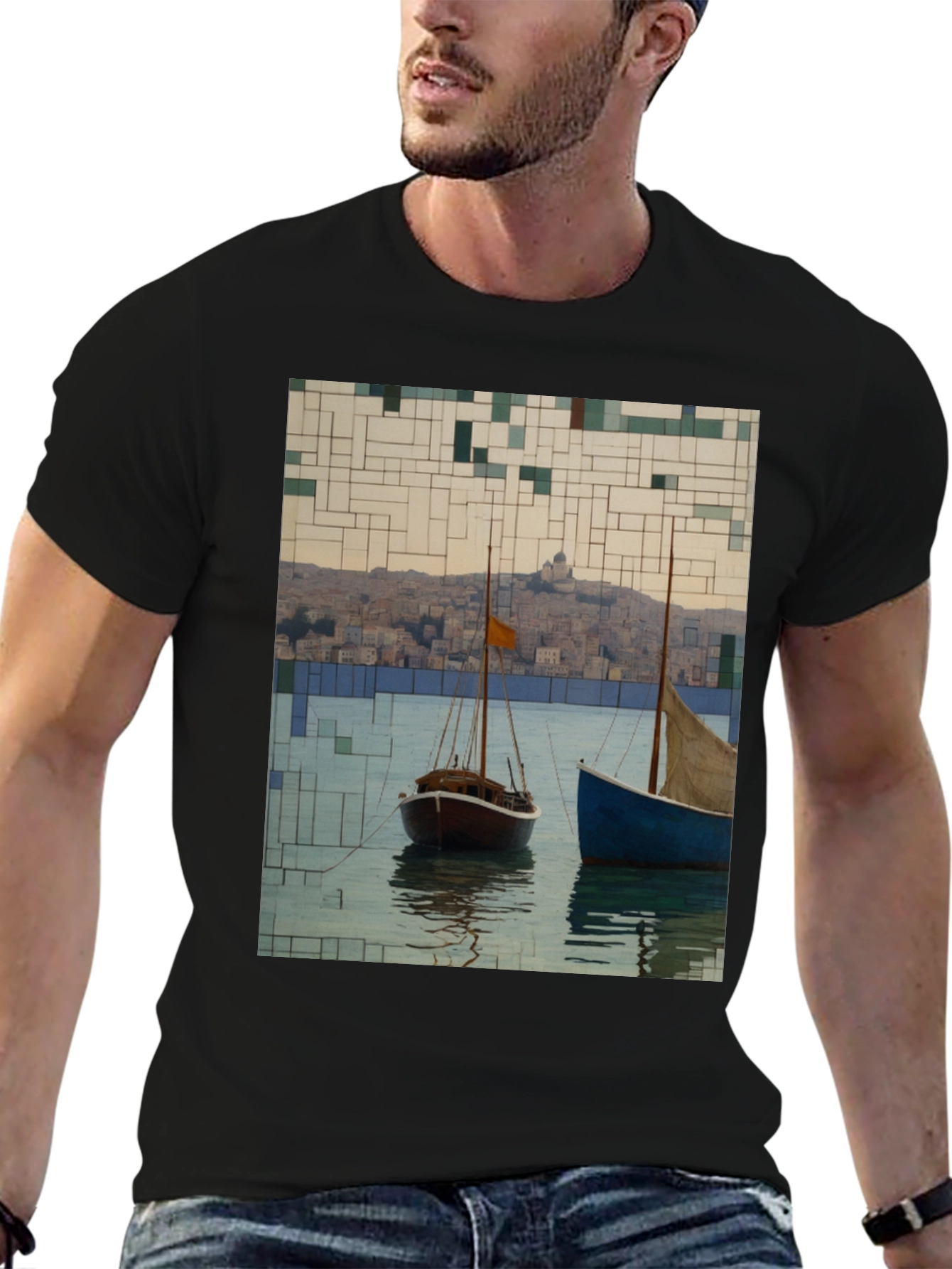 Black Abstract Sailboats T-Shirt view 6
