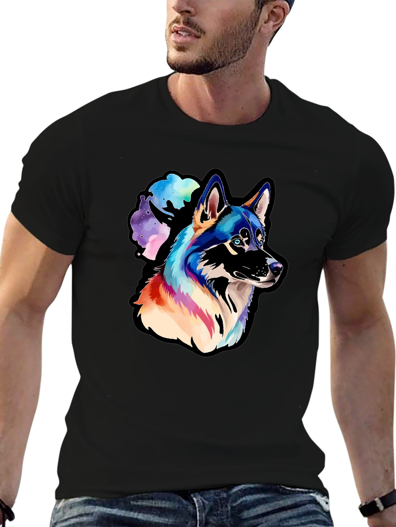 Black Husky Watercolor Men's Graphic T-Shirt view 6