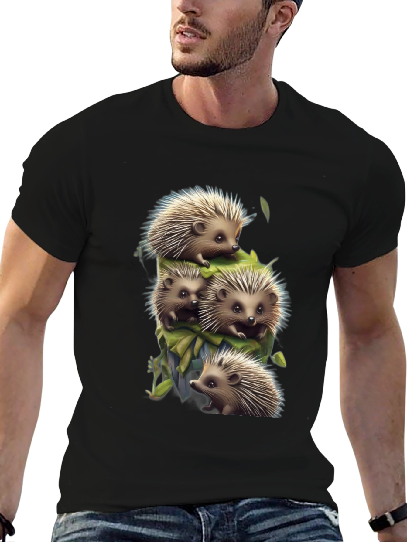 Black Cute Hedgehog Stack Graphic Tee - Black view 6