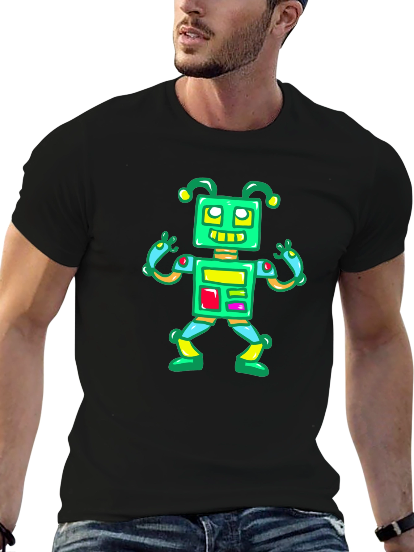 Black Fun Robot Graphic Tee - Black Cotton Casual Shirt view 6