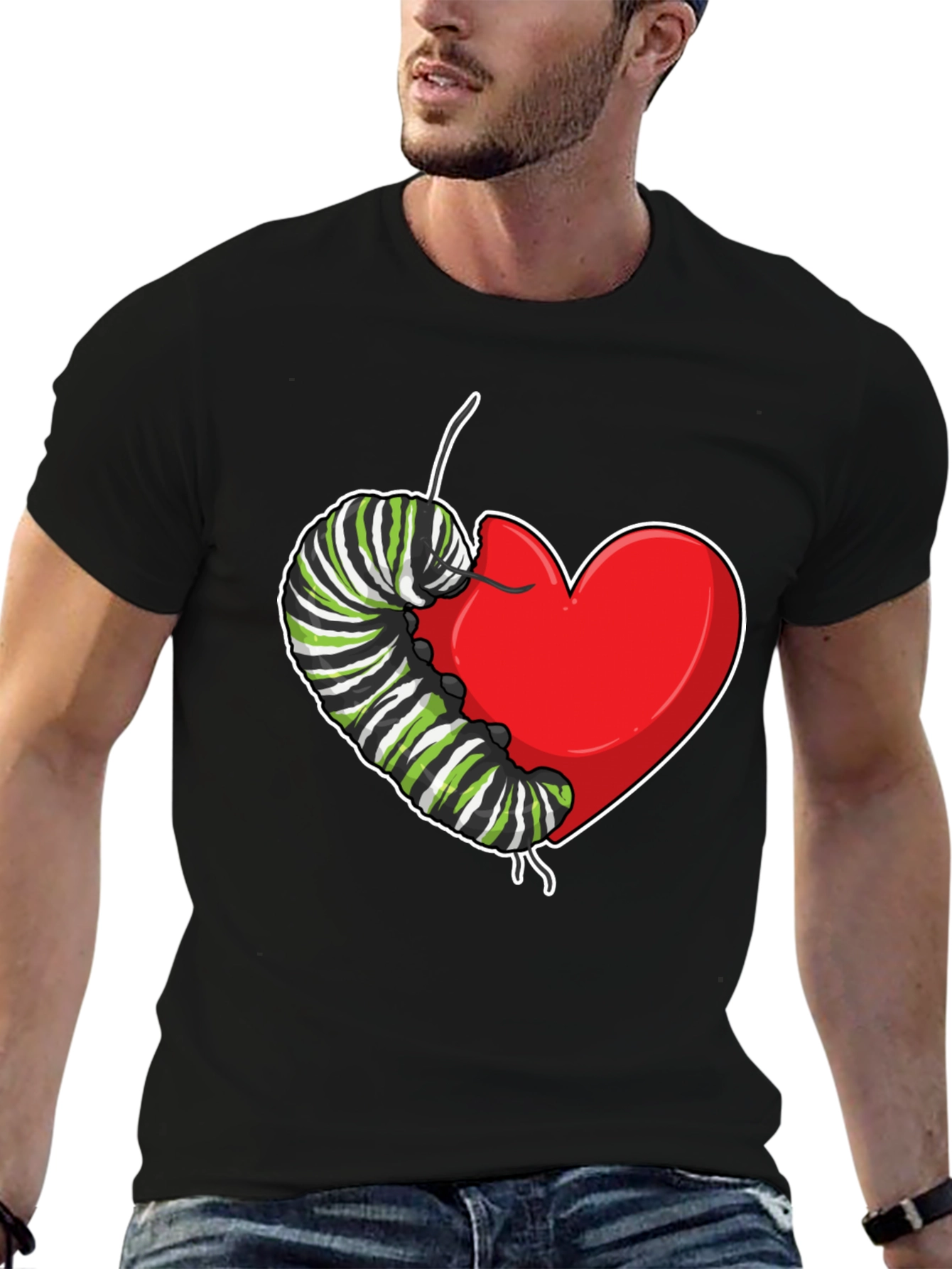 Black Caterpillar Heart Graphic T-Shirt - Soft Cotton view 6