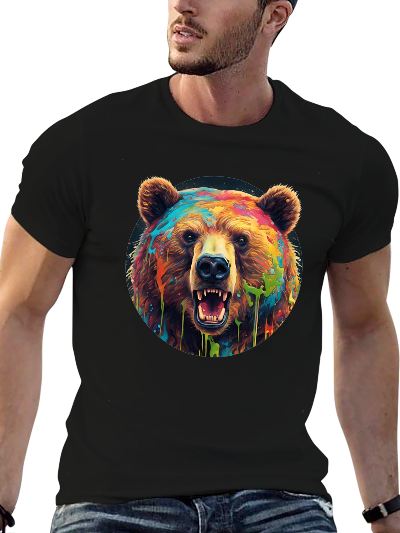 Black Colorful Bear Graphic T-Shirt - Men's Black Tee view 6