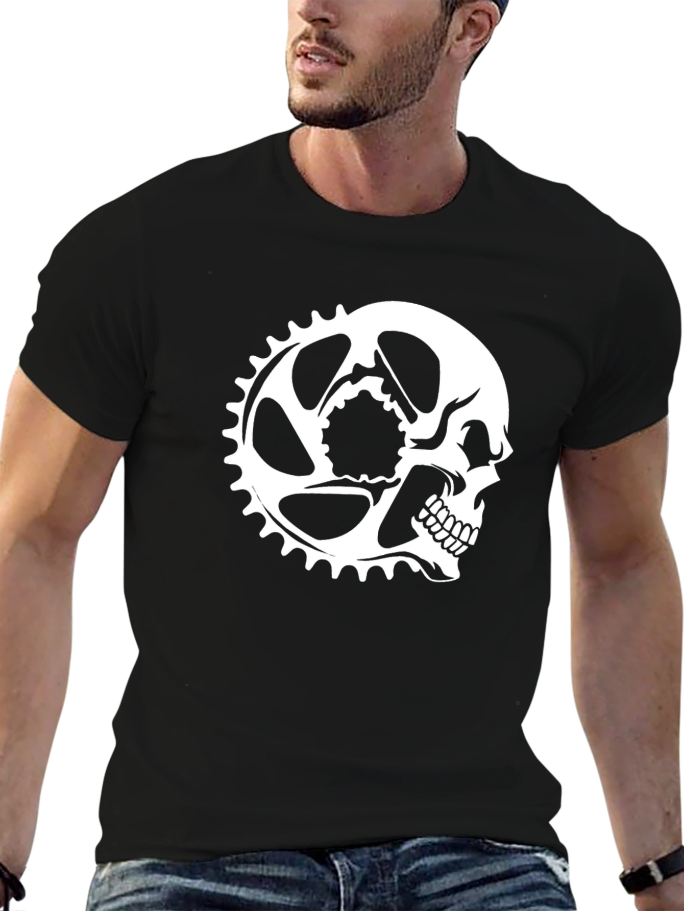 Black Skull Chainring Graphic Tee - Black Cotton Casual Shirt view 6