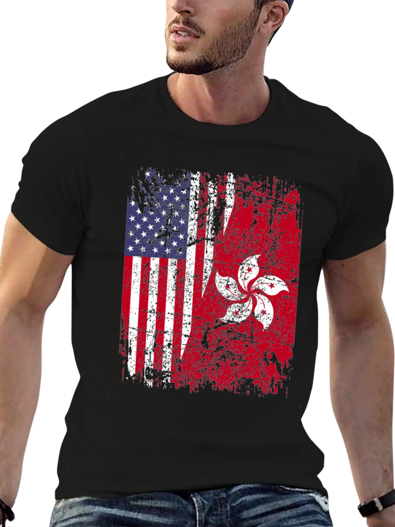 Black USA Hong Kong Flag Graphic Tee view 6