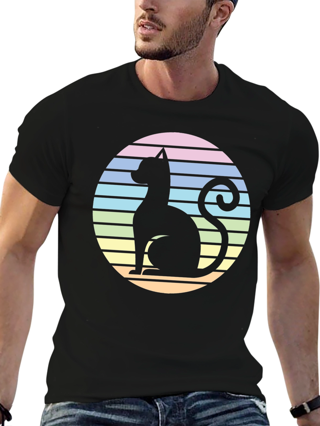 Black Retro Cat Silhouette T-Shirt - Striped Circle Design view 6