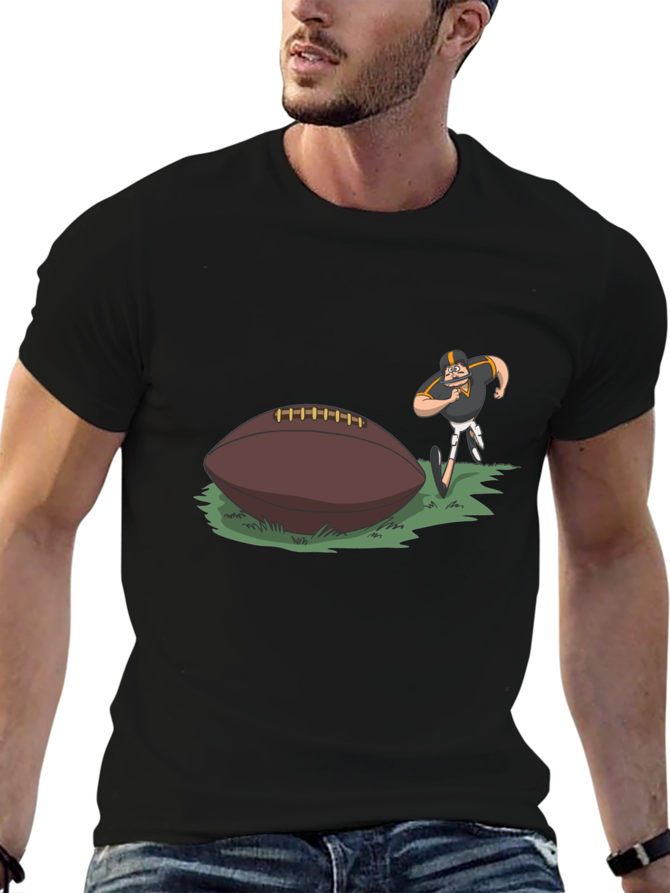 Black Football Player Cartoon Print Black T-Shirt view 6
