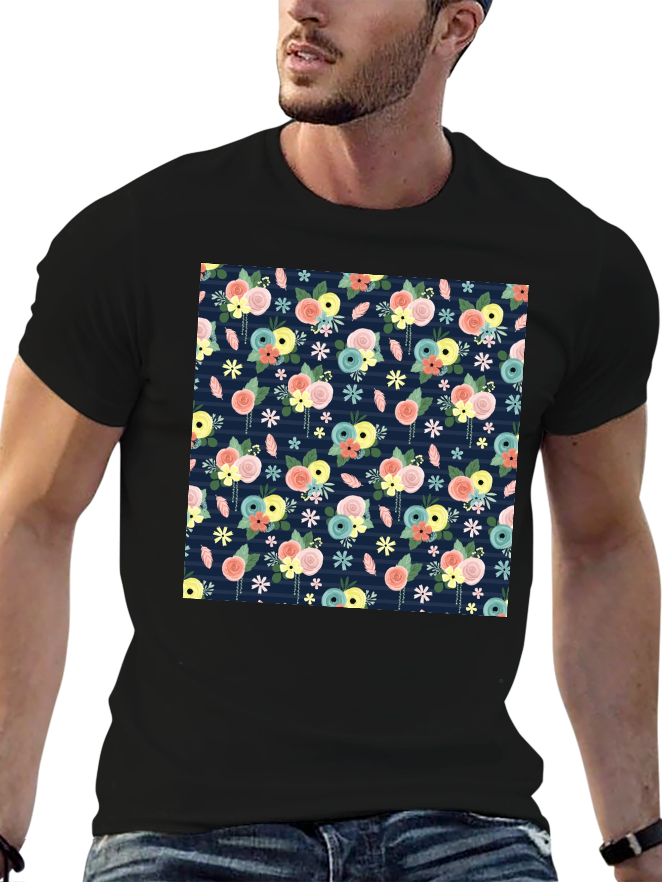 Floral Print Black T-Shirt - 6