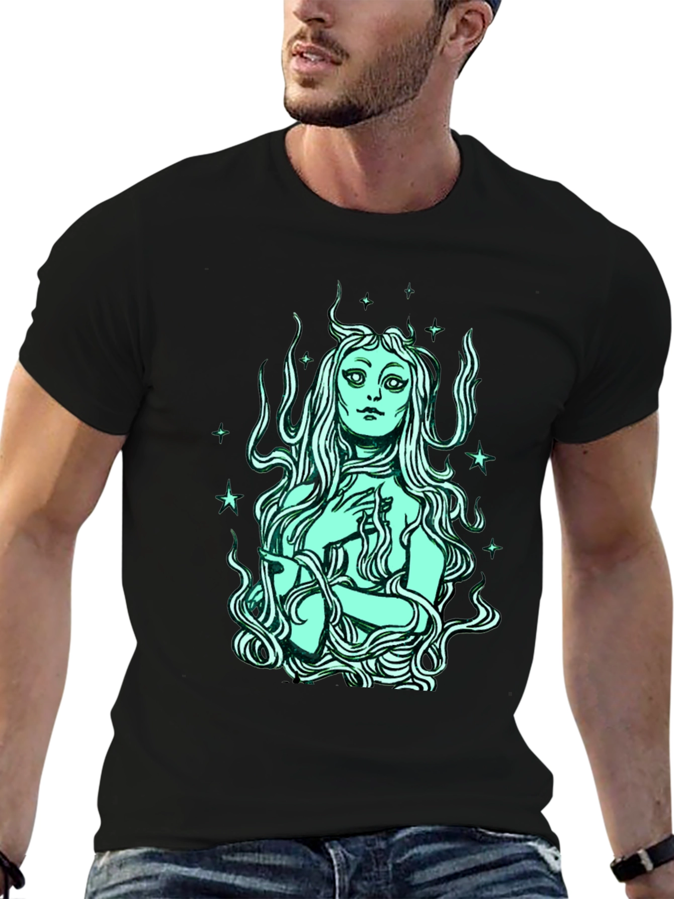 Black Mystic Mermaid Graphic Tee - Black Cotton Blend view 6