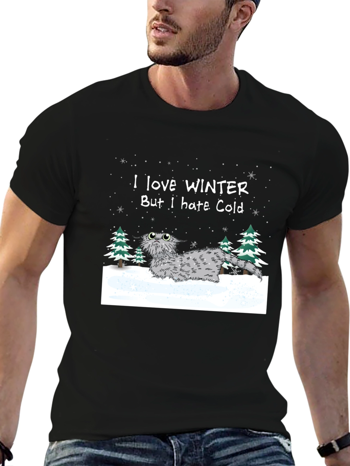 Black Winter Cat T-Shirt - I Love Winter But I Hate Cold view 6