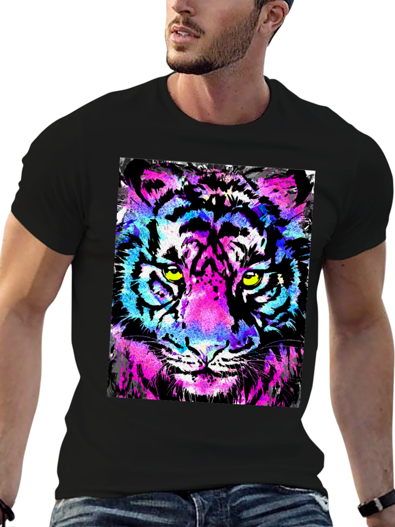 Black Vibrant Tiger Graphic Black T-Shirt view 6