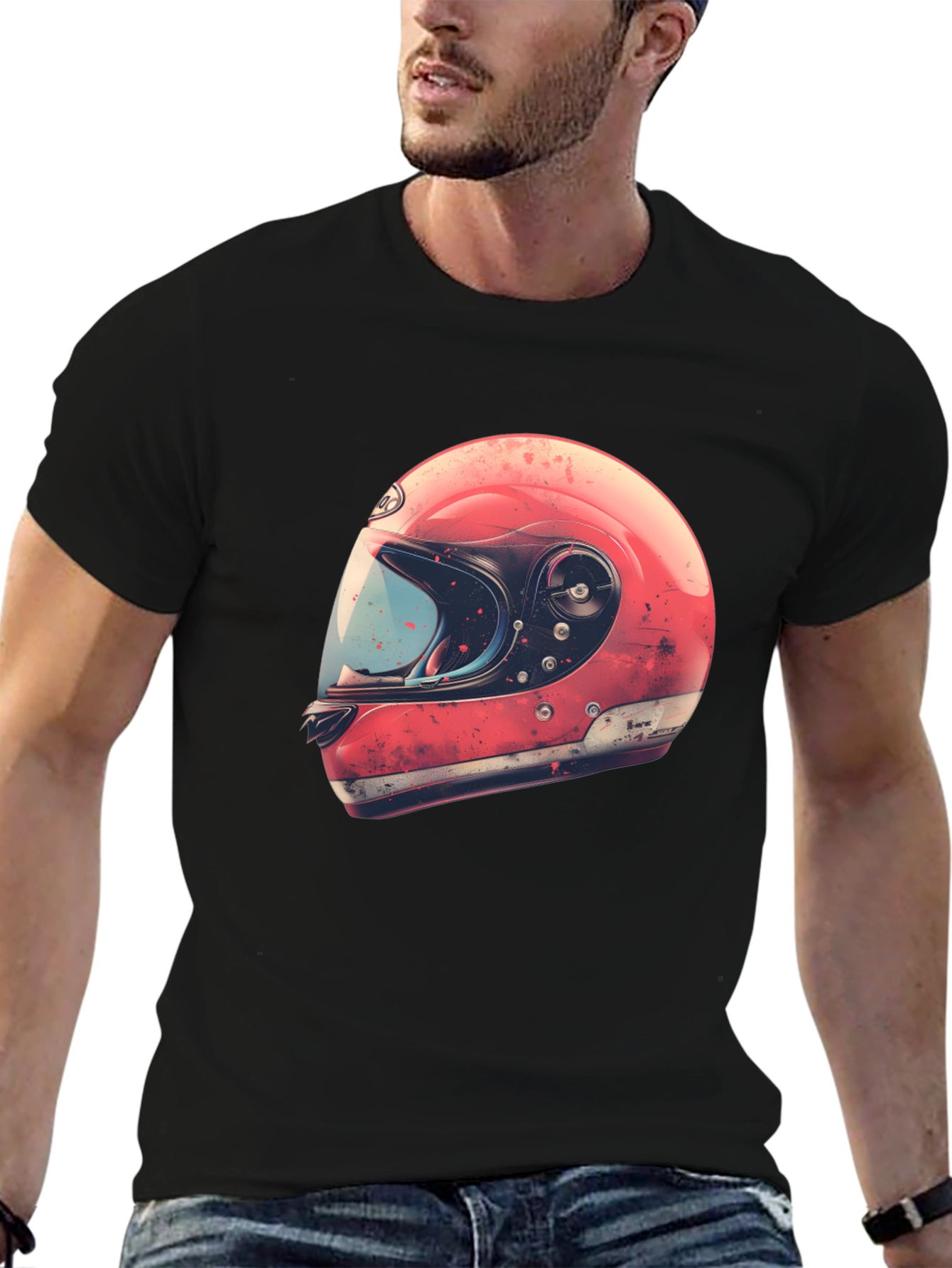 Black Retro Motorcycle Helmet Graphic Tee - Black view 6