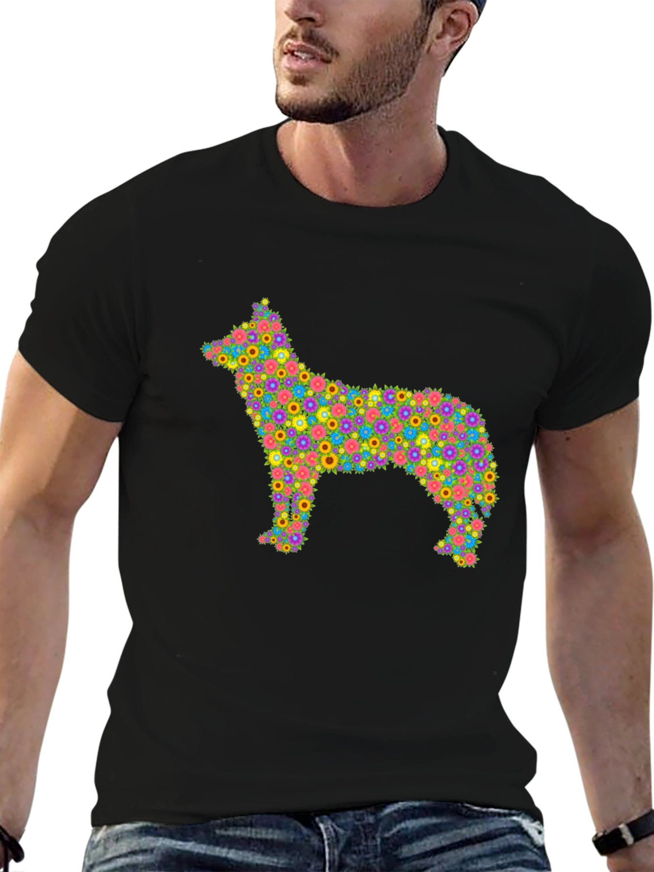 Black Floral Dog T-Shirt - Unique Colorful Design view 6